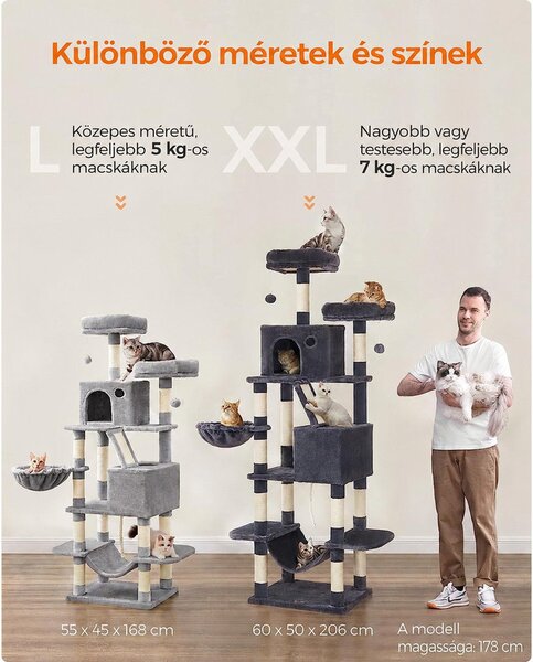 FEANDREA M-es macskafa 168 cm, 13 kaparóoszloppal, 2 barlanggal, kosárral és függőággyal, füstszürke