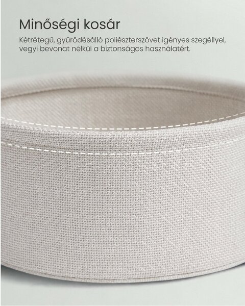 Kis kerek oldalsó kisasztal, modern éjjeliszekrény szövetkosárral, éjjeliszekrény nappali hálószobába, babérzöld és krémfehér színben
