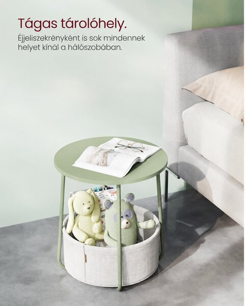 Kis kerek oldalsó kisasztal, modern éjjeliszekrény szövetkosárral, éjjeliszekrény nappali hálószobába, babérzöld és krémfehér színben