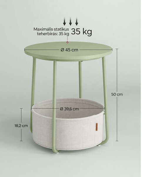 Kis kerek oldalsó kisasztal, modern éjjeliszekrény szövetkosárral, éjjeliszekrény nappali hálószobába, babérzöld és krémfehér színben