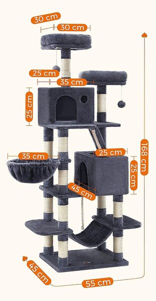 FEANDREA M-es macskafa 168 cm, 13 kaparóoszloppal, 2 barlanggal, kosárral és függőággyal, füstszürke