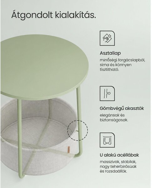 Kis kerek oldalsó kisasztal, modern éjjeliszekrény szövetkosárral, éjjeliszekrény nappali hálószobába, babérzöld és krémfehér színben