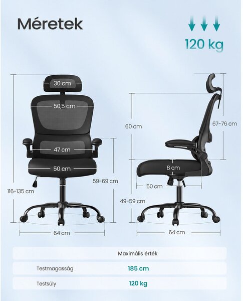Ergonomikus irodai szék hálós háttámlával és állítható fejtámlával