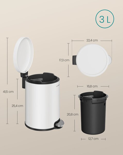 SONGMICS fürdőszobai szemetes (3 L) csendes tetővel, fehér