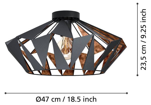 EGLO Carlton mennyezeti lámpa, Ø47 cm, fekete/réz, dimmelhető, Fekete, Nappali / Étkező, fém, Vintage