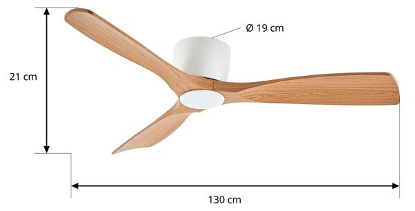 Lucande Smart LED mennyezeti ventilátor Moneno, fehér/fa, Tuya, dimmelhető, Világos fa, Nappali / Étkező, fém, Modern