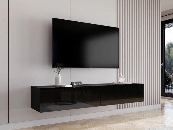 TV-állvány Vilrin I, Közepes sűrűségű farostlemez, Laminált forgácslap, 30x180x40cm, Fényes fekete, Fekete