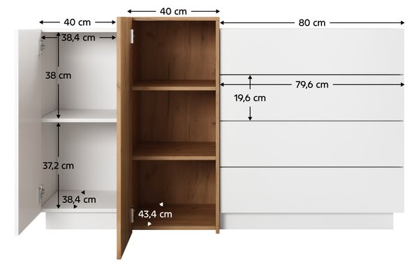KONDELA Komód 2D4S, fehér/tölgy craft arany, TRIO
