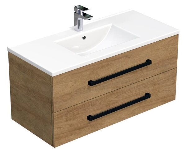 Fürdőszobaszekrény fekete fogantyúval és mosdókagylóval SAT Cube Way 100x47,5x46 cm tölgy Hickory matt CUBE46C1002DHMOD