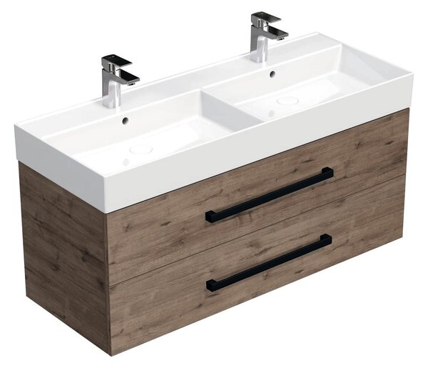 Fürdőszobaszekrény fekete fogantyúval és mosdókagylóval SAT Cube Way 120x47,5x46 cm tölgyfa Wellington szőnyeg CUBE46C1202DWSAT
