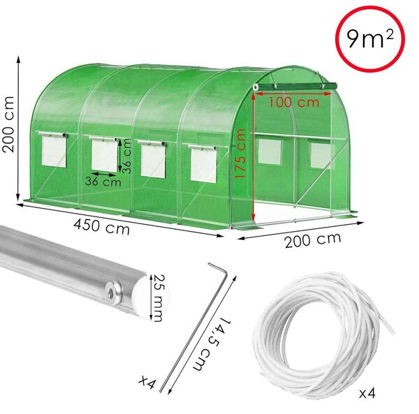 Springos kerti Fóliasátor 4,5x2x2m 140g/m², UV4 szűrővel - Zöld