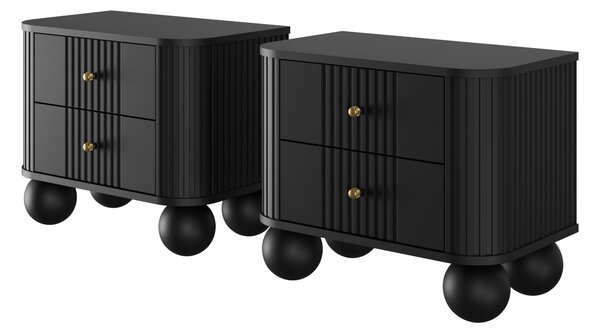 Éjjeliszekrények készlet Vesper 56 cm - fekete / arany fogantyúk / gömb alakú lábak