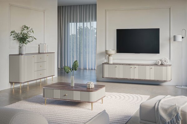 Vesper dohányzóasztal 103x60 cm fiókkal - kasmír / dió / arany lábak