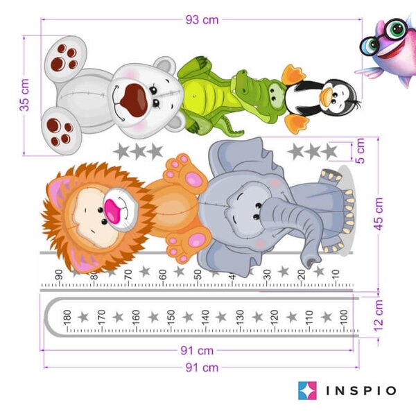 INSPIO - átragasztható textil matrica - Gyerekszoba falmatrica - Állatkás magasságmérő 180cm