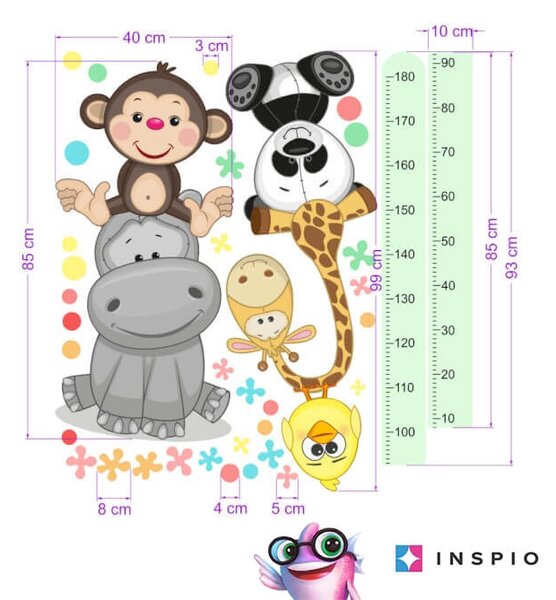 INSPIO - átragasztható textil matrica - Magasságmérő - Boldog állatkák 180cm