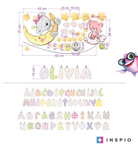 INSPIO - átragasztható textil matrica - Gyerekszoba falmatrica - Névre szóló állatkás falmatrica lányoknak