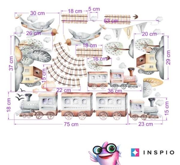 INSPIO - átragasztható textil matrica - Gyerekszoba falmatrica - Szürke vonatok