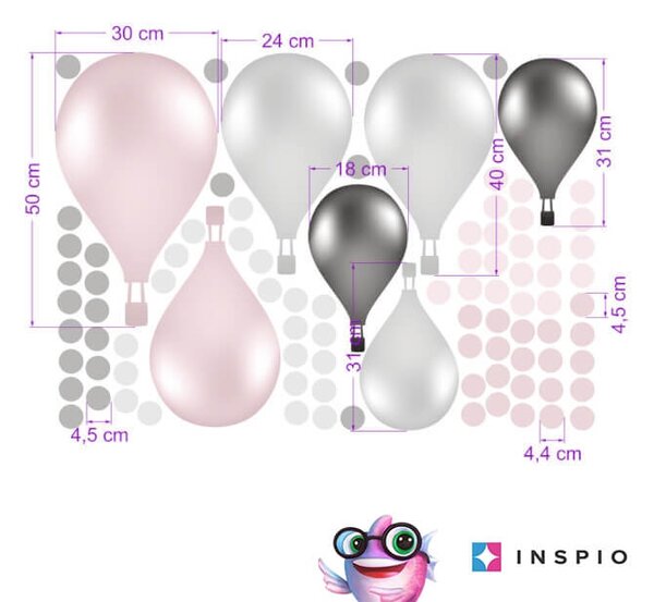 INSPIO - átragasztható textil matrica - Falmatrica gyerekszobába - Rózsaszín, szürke hőlégballonok