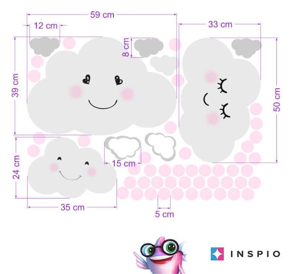 INSPIO - átragasztható textil matrica - Babaszoba falmatrica - Felhők pöttyökkel