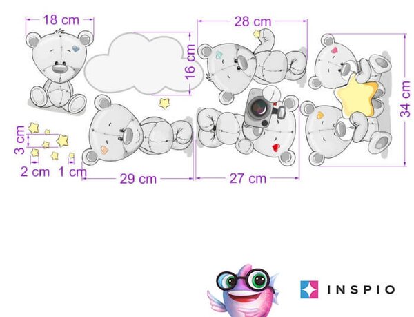INSPIO - átragasztható textil matrica - Macis falmatrica gyerekeknek, névvel