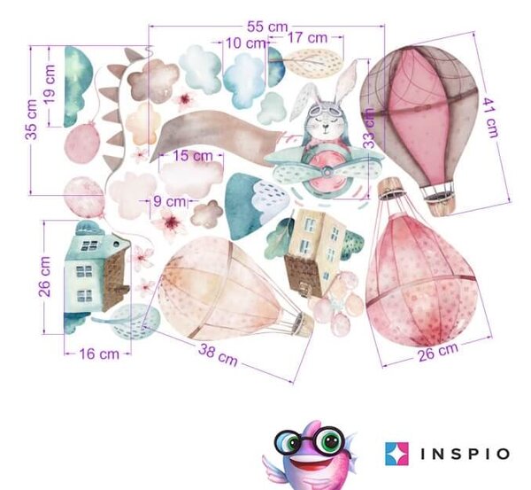 INSPIO - átragasztható textil matrica - Falmatrica gyerekszobába - Rózsaszín hőlégballon matrica névvel gyerekszobába