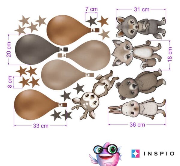 INSPIO - átragasztható textil matrica - Hőlégballon falmatrica állatkákkal