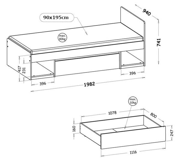 BUTORLINE Ágy 90x195 CARA 09 arctic fehér