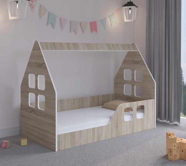 Montessori Házikó gyerekágy sonoma tölgyfa 140 x 70 cm - ajándék matraccal - jobbos