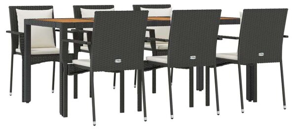 7 részes fekete polyrattan kerti étkezőgarnitúra párnával
