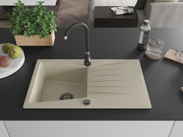 Mexen Cesar, gránit mosogató 775x470x190 mm, 1 kamrás, bézs, fekete szifonnal, 6514771010-69-B