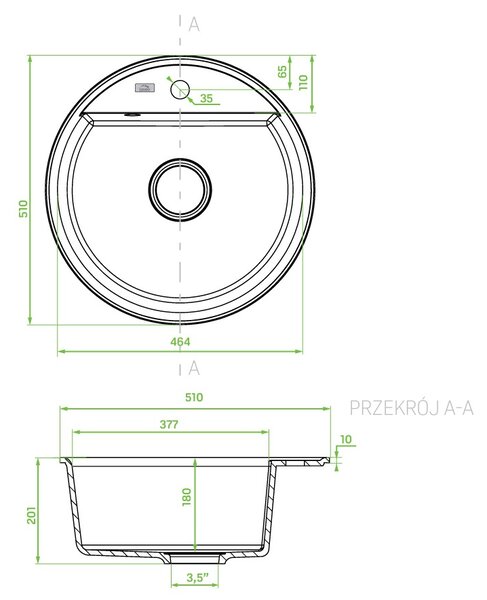 Laveo Muna, 1 rekeszes gránit mosogató 510x510x201 mm, fekete pettyes, LAV-SPU_780Y