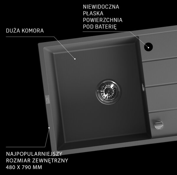 Laveo Wolin, 1 rekeszes gránit mosogató 780x480x185 mm, fekete pettyes, LAV-SPW_711T