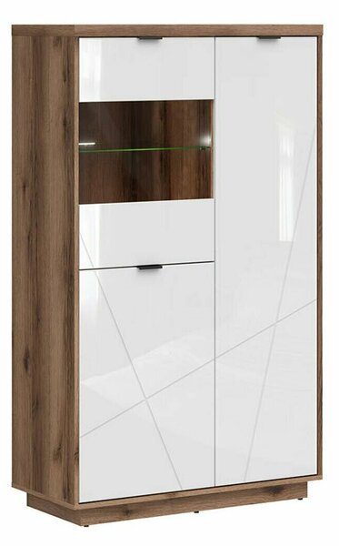 Könyvespolc Fivale 103, Zárt, Ajtókkal, Edzett üveg, Laminált forgácslap, 157x94x43cm, Sötét delanói tölgy, Fényes fehér
