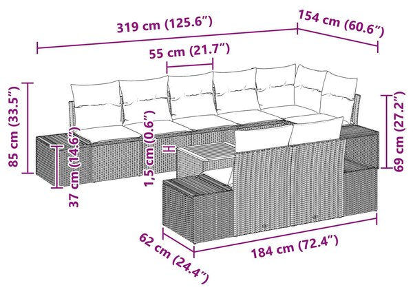 VidaXL Kerti Kanapé Szett 9 db Fekete polirattan