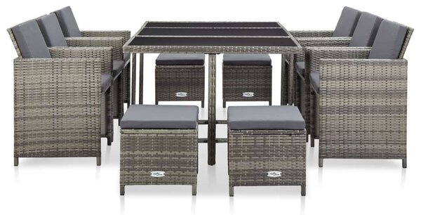 11 részes szürke polyrattan kültéri étkezőszett párnákkal