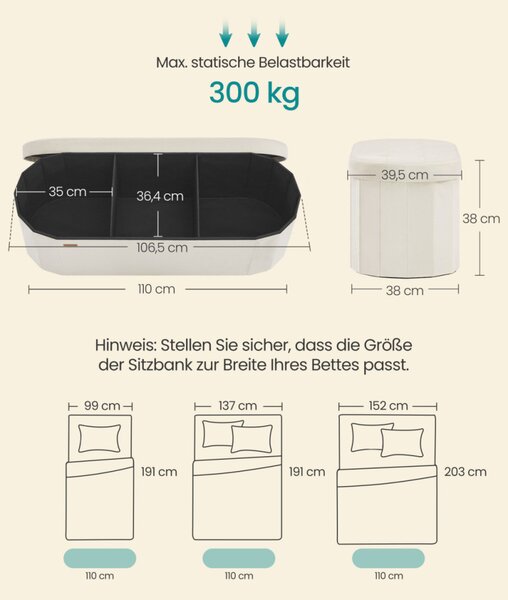 SONGMICS LSF297LH01 tároló puff bársony krémfehér 110 L