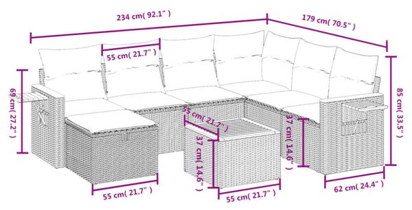 VidaXL Polyrattan Kerti Ülőgarnitúra - 8 részes - Szürke