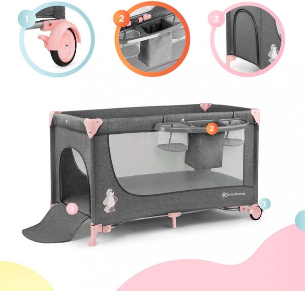 Kinderkraft JOY multifunkciós utazóágy - pink