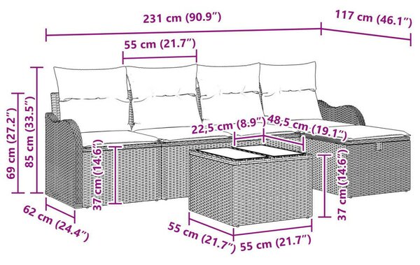 6 Darabos Kerti Kanapé Szett Párnákkal Világosszürke Poli Rattan, 2 Személyes Kerti Kanapé Párnákkal Világosszürke Poli Rattan