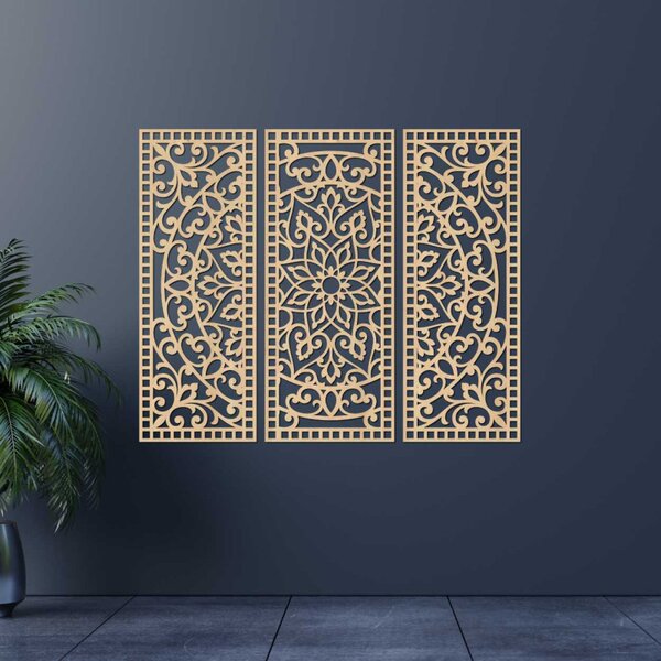 Virágos mandala fából – bohém, 3 darabos fali dekoráció | TRIPTYCH