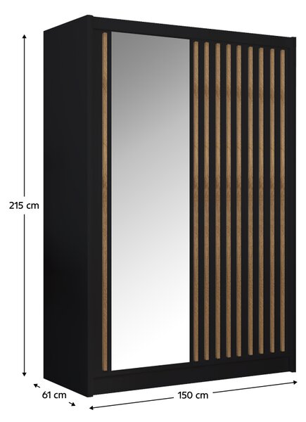 KONDELA Tolóajtós szekrény, fekete/craft tölgy, 150x215 cm, LADDER