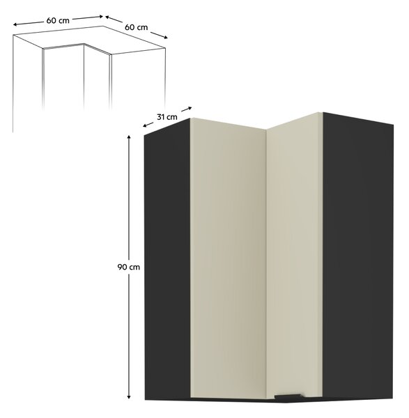 KONDELA Felső sarokszekrény kasmír/fekete, ARAKA 60x60 GN-90 2F