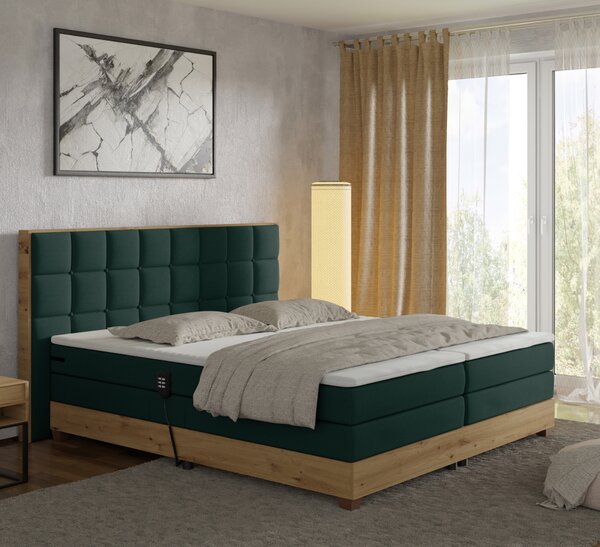 KONDELA Elektromos állítható ágy, boxspring, zöld/artisan tölgy, 180x200, TIANA
