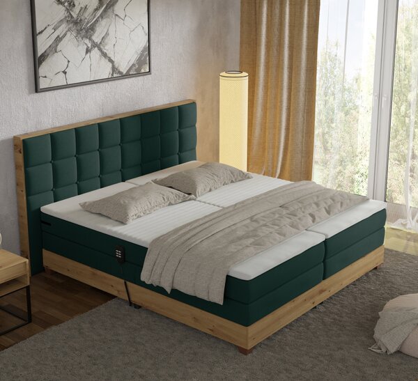 KONDELA Elektromos állítható ágy, boxspring, zöld/artisan tölgy, 180x200, TIANA
