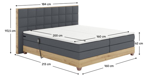 KONDELA Elektromos állítható ágy, boxspring, sötétszürke/artisan tölgy, 160x200, TIANA