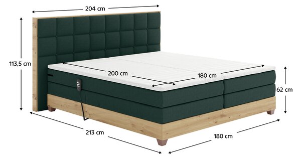 KONDELA Elektromos állítható ágy, boxspring, zöld/artisan tölgy, 180x200, TIANA