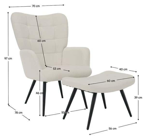 KONDELA Fotel lábtartóval, fehér Velvet szövet/fekete, HABEN