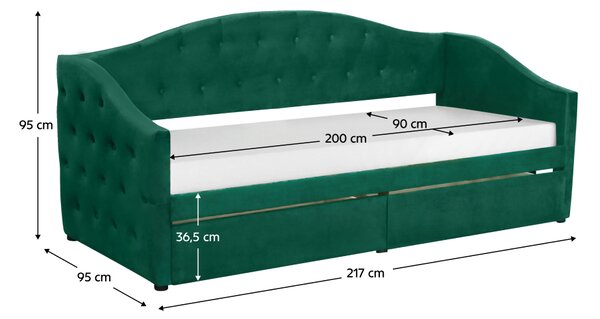 KONDELA Ágy tárhellyel, 90x200, zöld Velvet szövet, ZASKA