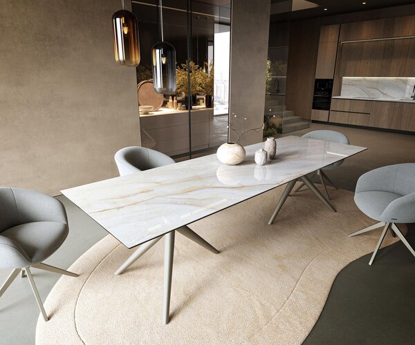 DELIFE Étkezőasztal Edge 300x100 cm kerámia ónix gyöngy Estelar kerek fém titán színű hatású