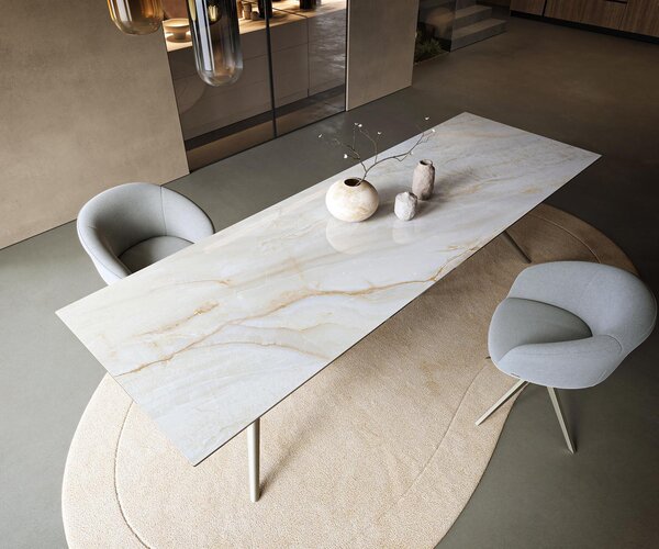 DELIFE Étkezőasztal Edge 300x100 cm kerámia ónix gyöngy Estelar kerek fém titán színű hatású